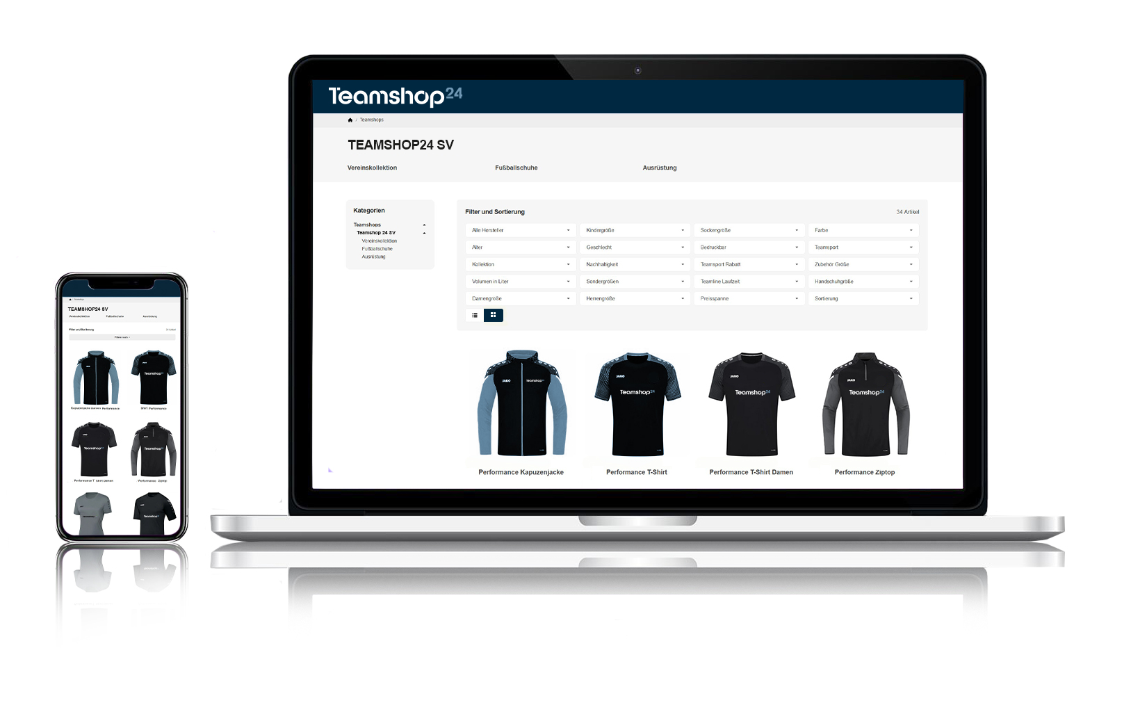 Beispiel eines kostenlosenVereinsshop von Teamshop24 mit Trikots und Vereinskleidung zur Online-Bestellung